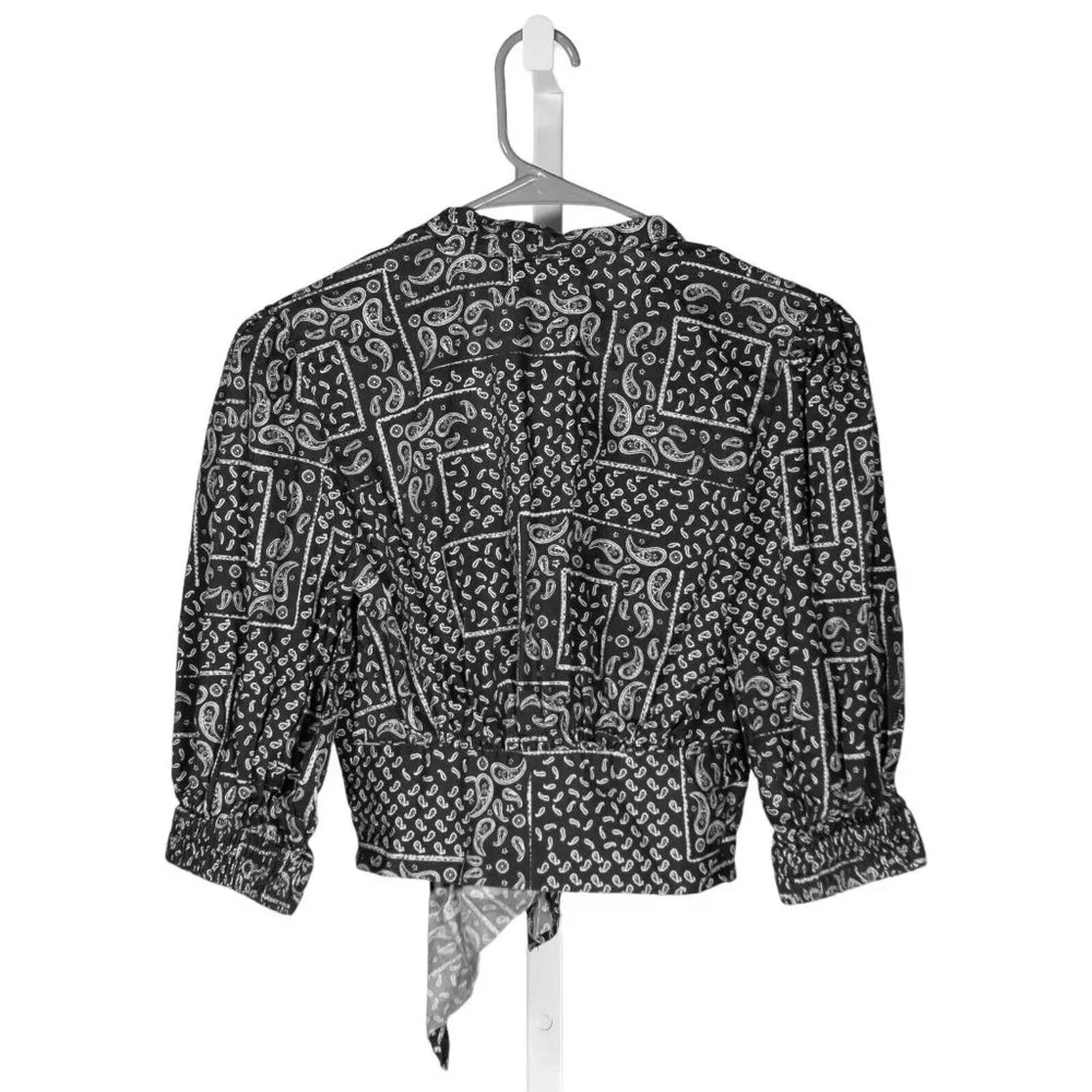 Zara Women's Blouse Gray White Paisley Bandana Tie Front 3/4 Sleeve Crop Top S